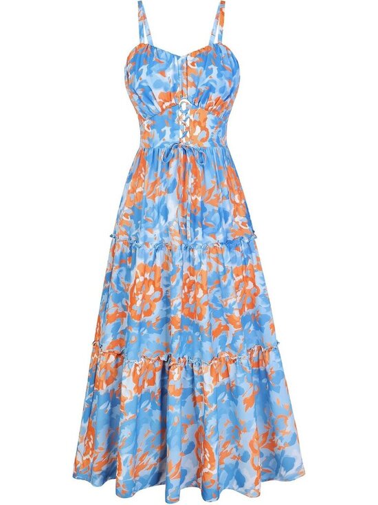 Dresses & Skirts - Women's Blue Orange Boho Floral Maxi Sundress Summer Beach Flowy Dress